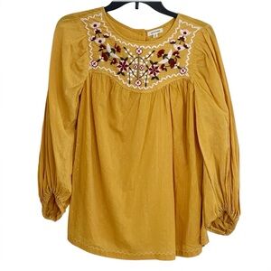 Max Studio Mustard Boho Floral Embroidered Swiss Dot Peasant Blouse Top Small